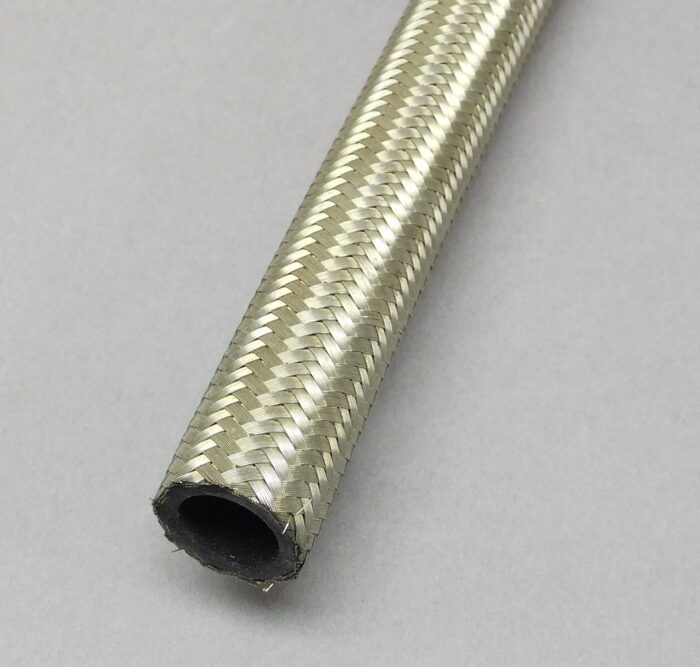 8AN: 7/16" ID, stainless steel braided, cholorinated polyethylene elastomer inner linking.  Sold per Foot